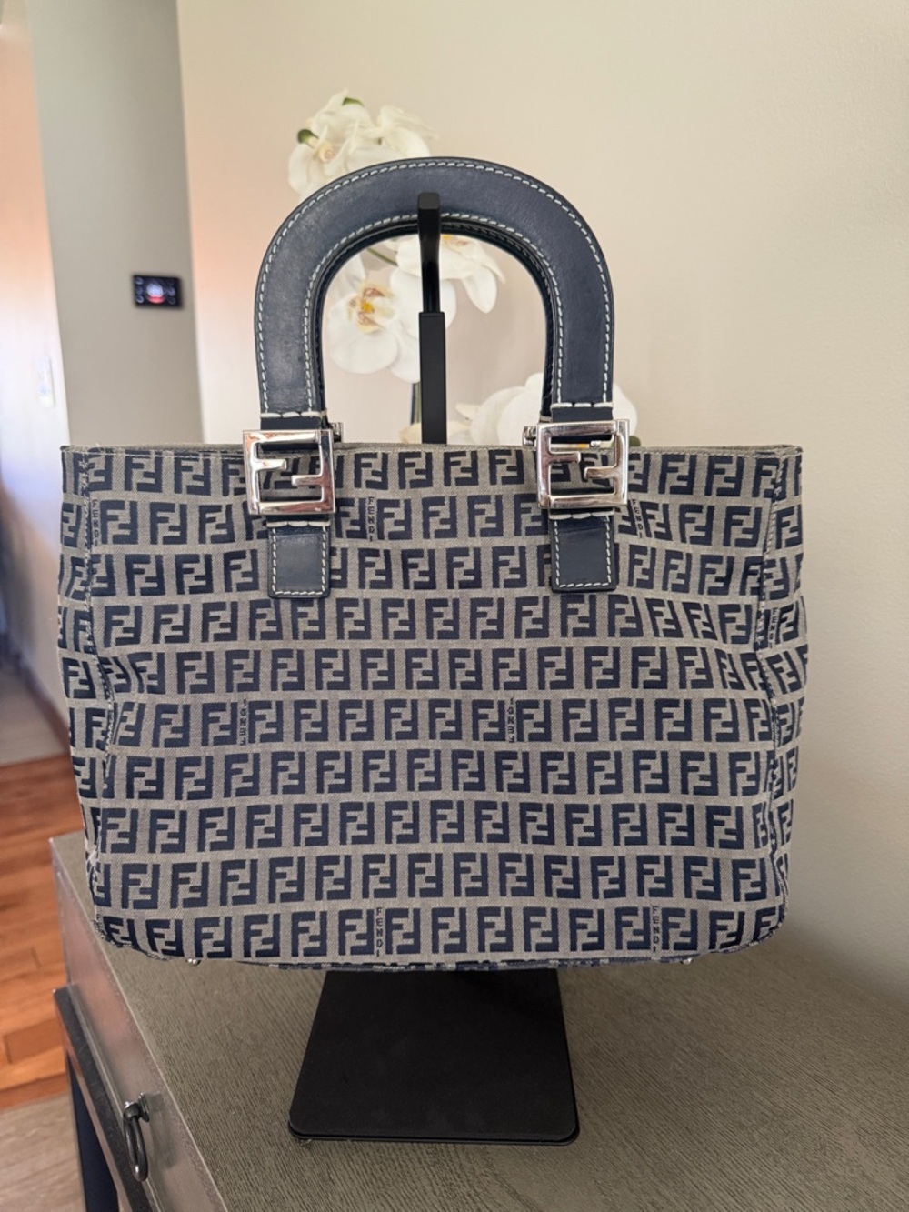 Fendi Zucca Logo Tote in Navy and Beige Canvas